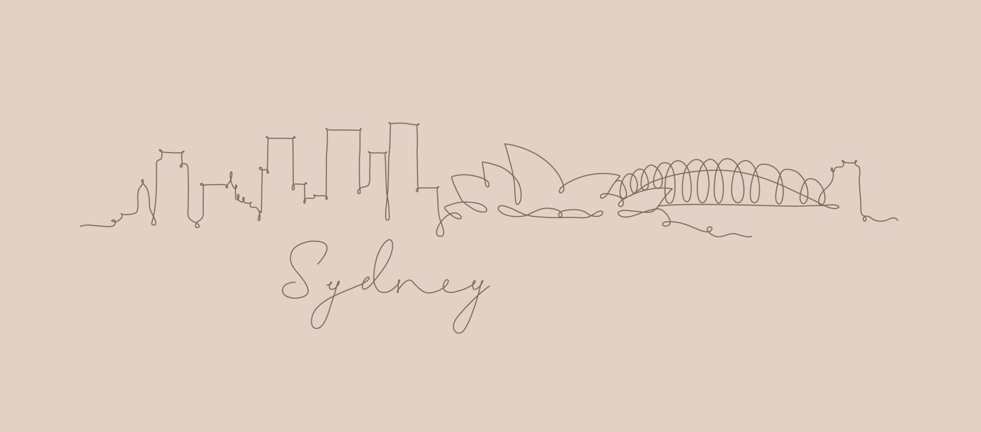 stadssilhouet Sydney in de stijltekening van de penlijn met bruine lijnen op beige achtergrond vector
