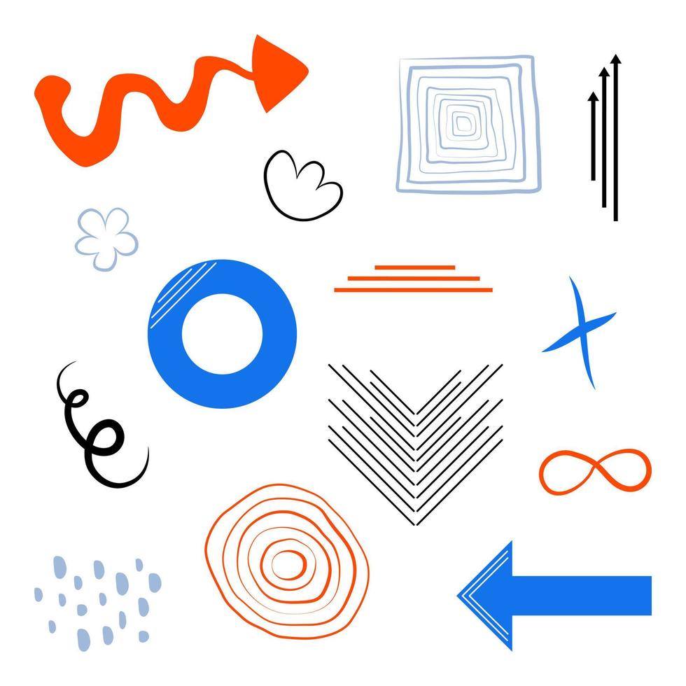 set van vormen en doodle. abstracte pijlen, trendy vectorobjecten, lijnen, krullen oranje, blauwe kleuren. vector