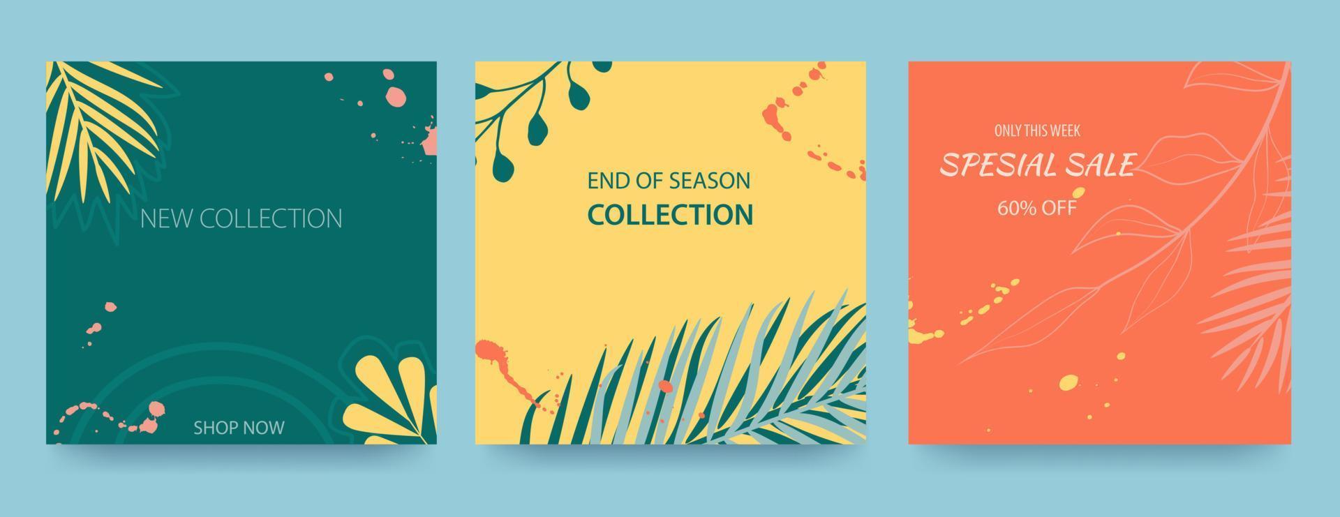 set verkoopbanners met tropische bladeren, planten en vlekken. aankondiging van een nieuwe collectie, kortingen erop. sjabloon te koop, reclame, internet. vector illustratie