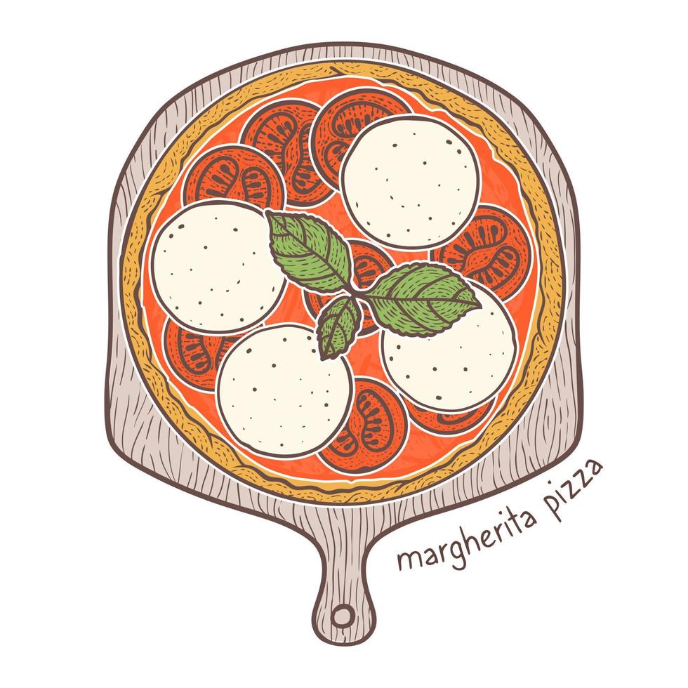 Margherita pizza met tomatensaus en mozzarella en basilicum, schets illustratie vector