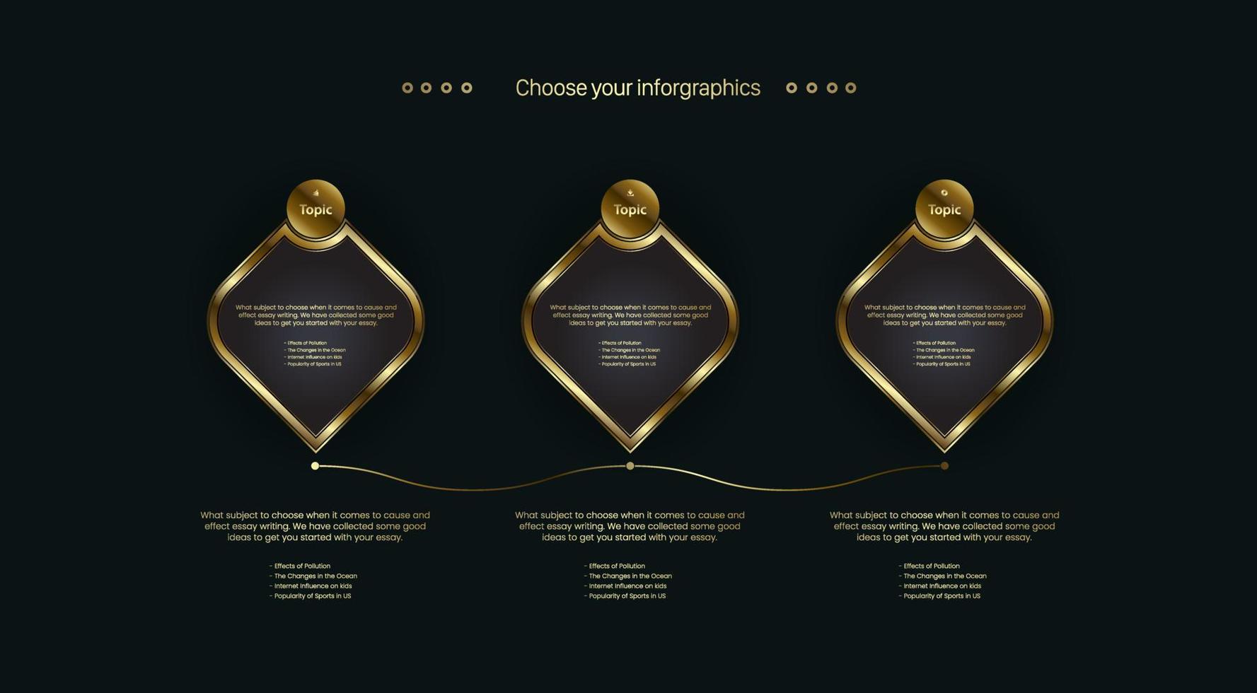drie gouden zakelijke knoppen grafieken met 3 tijdlijnen grafiek infographics ontwerp op donkere achtergrond, vector illustratie