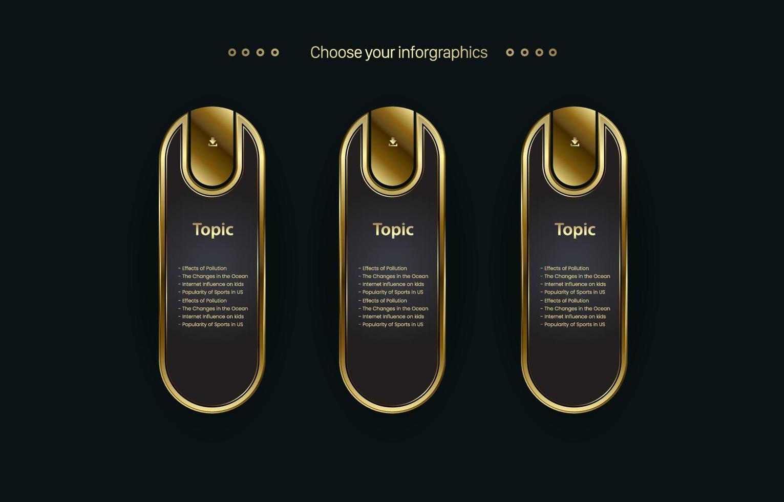 drie premium knoppen vorm sjabloon op donkere achtergrond, gouden premium grafiek gebruikt voor financiën en zakelijke grafiek ontwerp vector