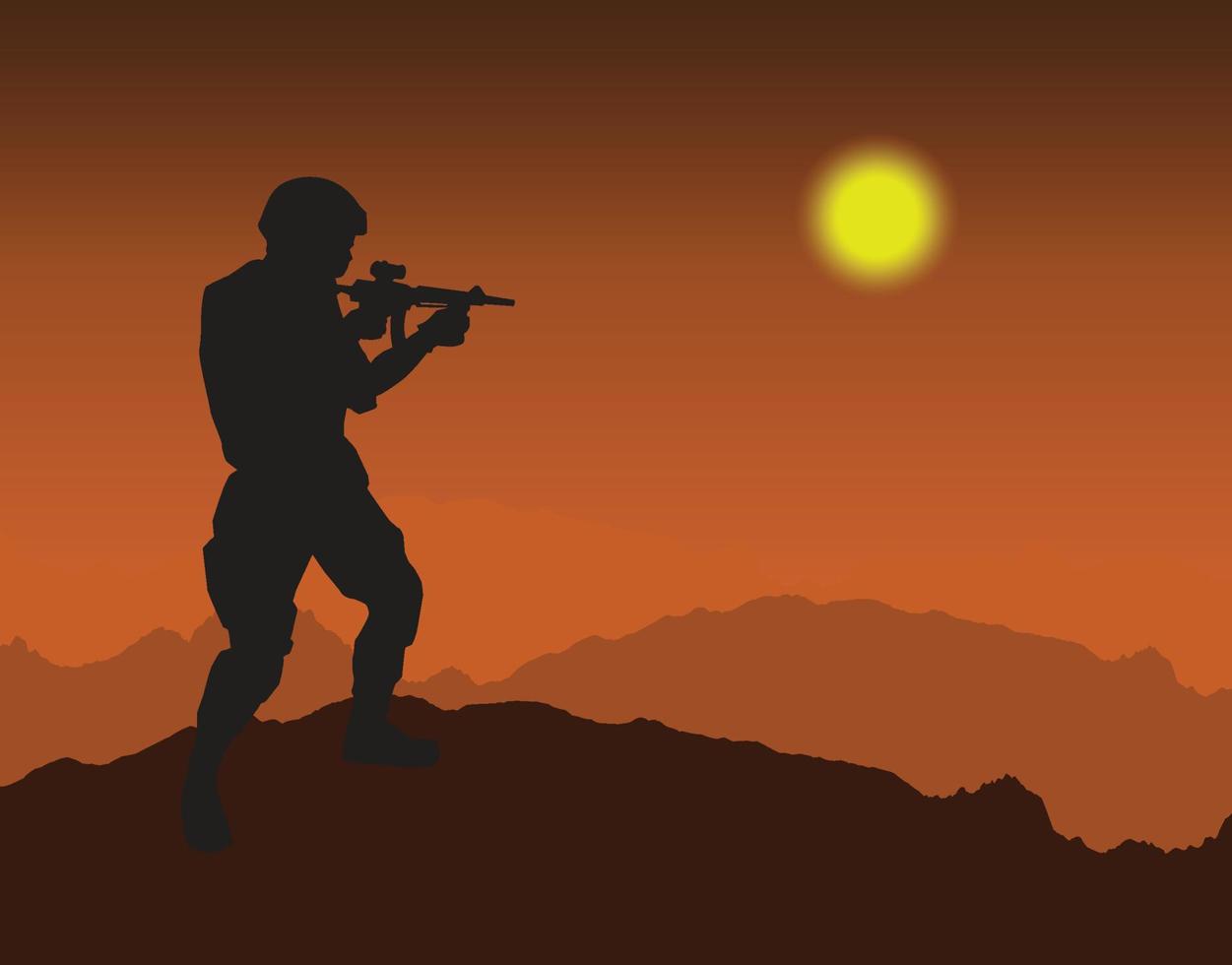 silhouetten van een man die op de berg staat met een pistool vector