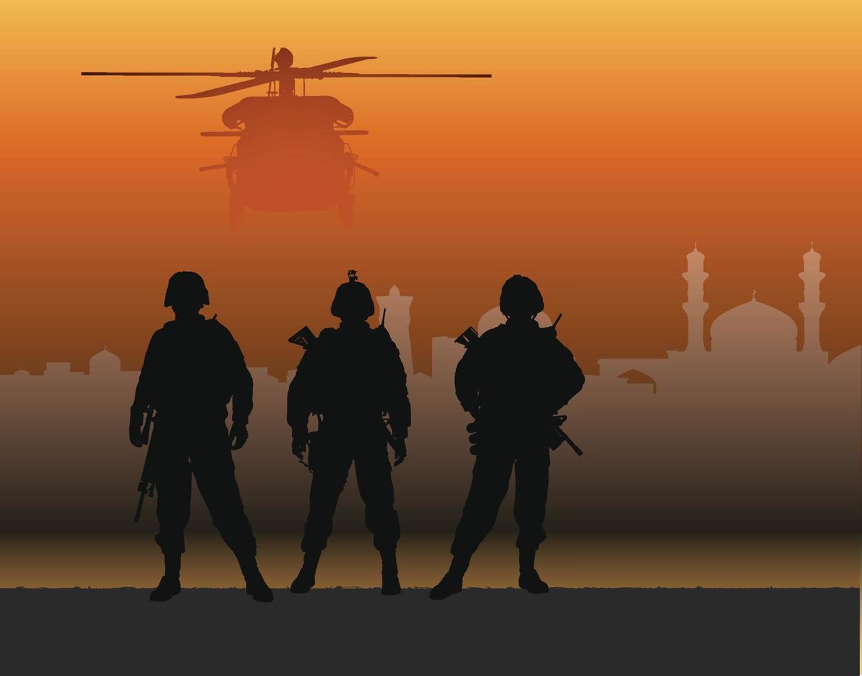 drie soldaten militaire silhouetten cijfers vector
