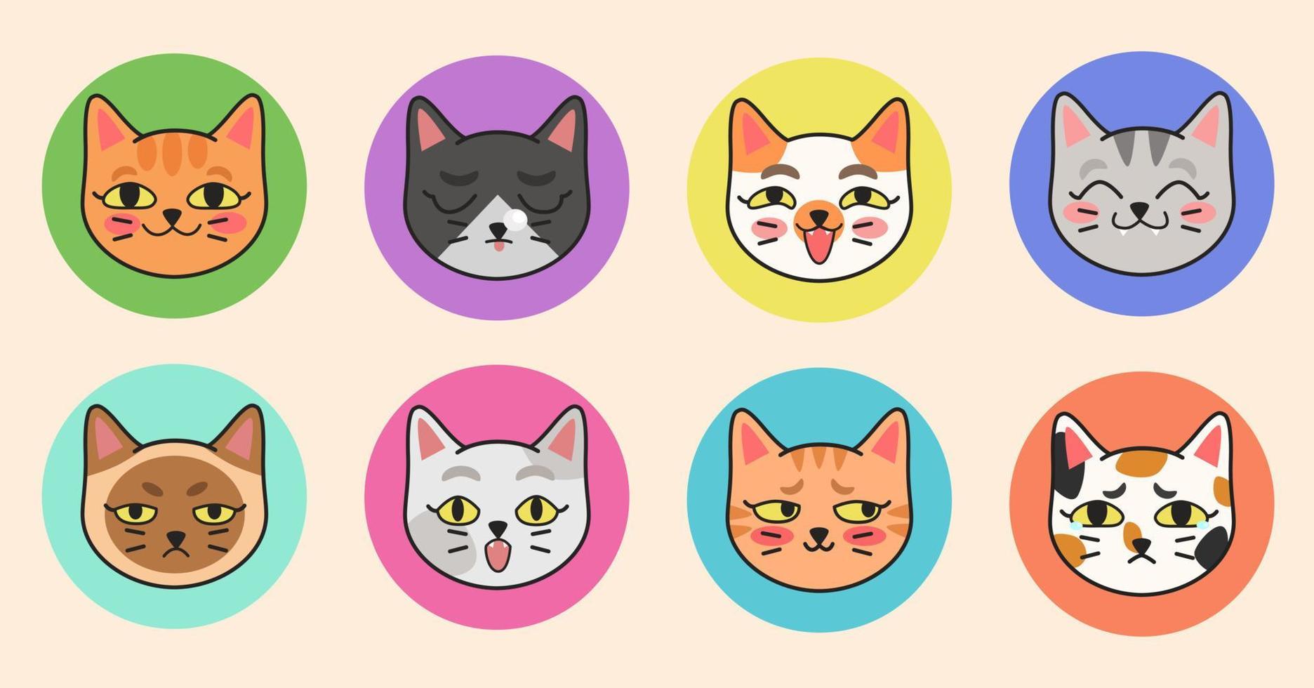 schattige vectorillustratie van verschillende kattenrassen. een set schattige kattenportretten met verschillende emoties in een platte cartoonstijl. vector