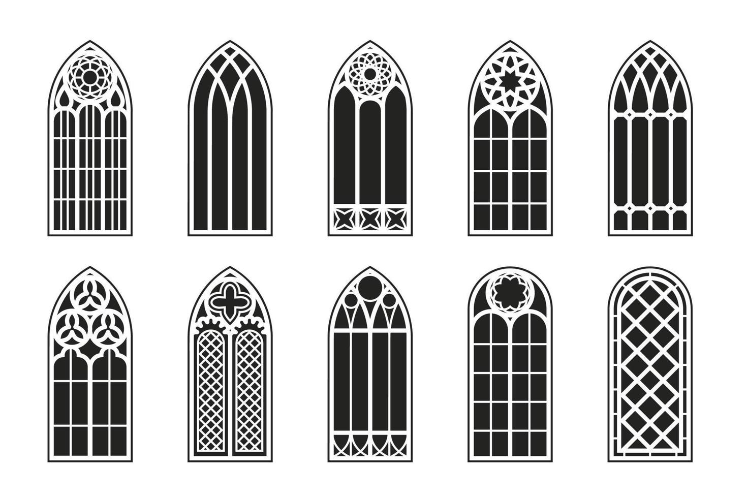 gotische ramen omtrek set. silhouet van vintage gebrandschilderd glas kerk frames. element van de traditionele Europese architectuur. vector illustratie