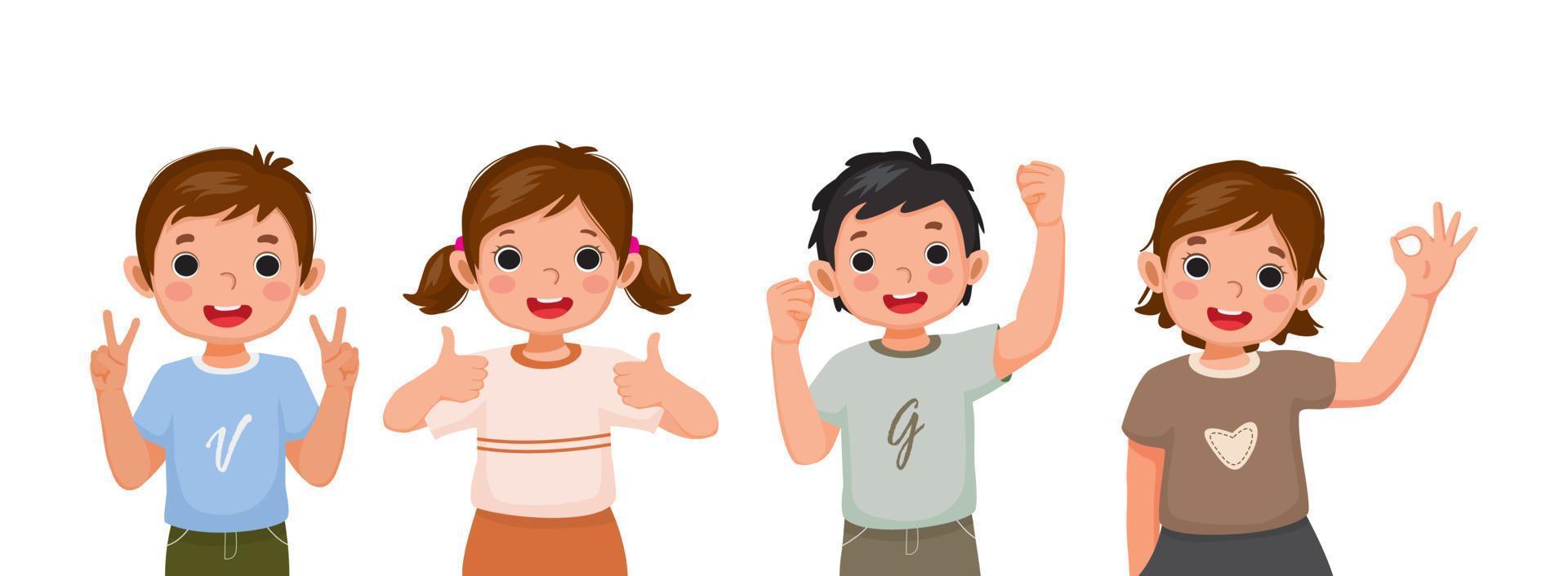 schattige gelukkige kinderen met verschillende positieve emoties, gevoelens, opgewonden gezichtsuitdrukkingen, duim omhoog handgebaren, zoals vuistpomp succes ja teken, zelfvertrouwen en optimistische lichaamstaal vector