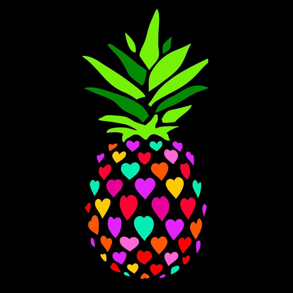 ananas vectorillustratie. veelkleurige ananas in harten op zwarte achtergrond. vector