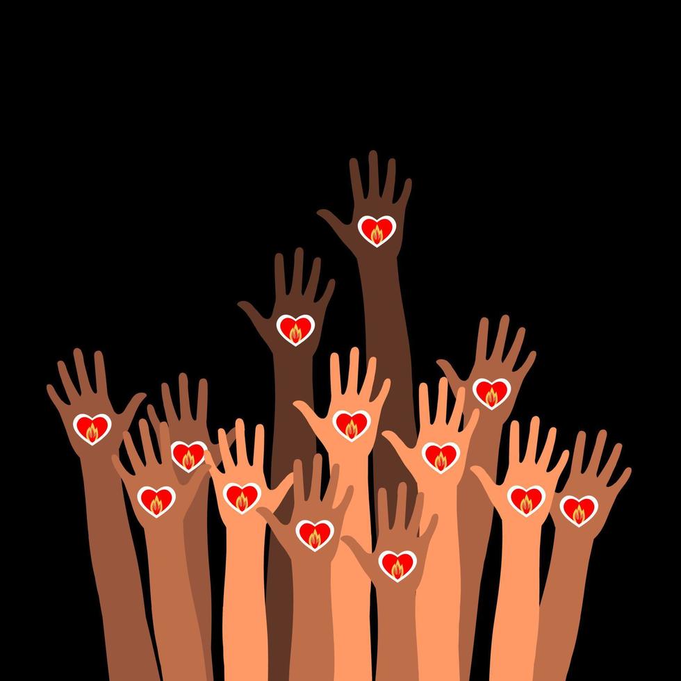 wereldbevolking dag. veel handen omhoog met verschillende huidskleuren houden brandende harten vast vector