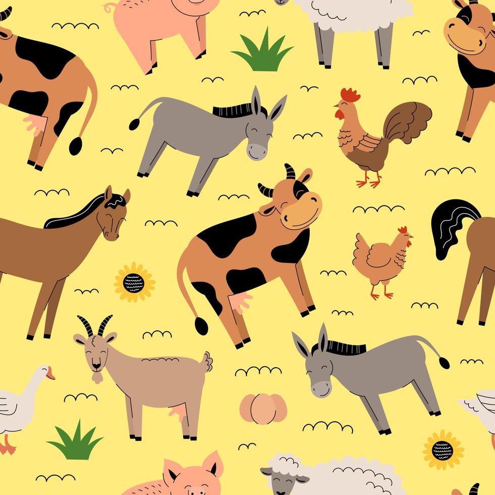 boerderijdieren naadloze patroon op gele achtergrond. verzameling cartoon schattige baby dieren en vogels. koe, schaap, geit, paard, ezel, varken, kip, haan, gans. platte vectorillustratie geïsoleerd. vector