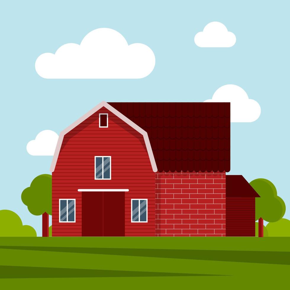 landboerderij op een groene weide, agrarische constructie. platte vectorillustratie op een achtergrond van blauwe lucht met wolken vector