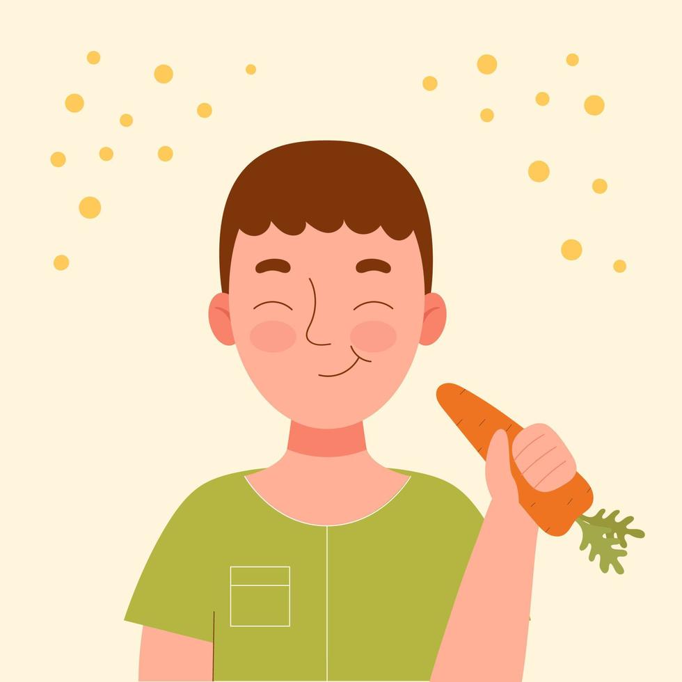 schattige lachende jongen die wortel eet. schoolsnack, gezonde voeding, plantaardig dieet, vitamines voor kinderen. platte vector cartoon stock illustratie