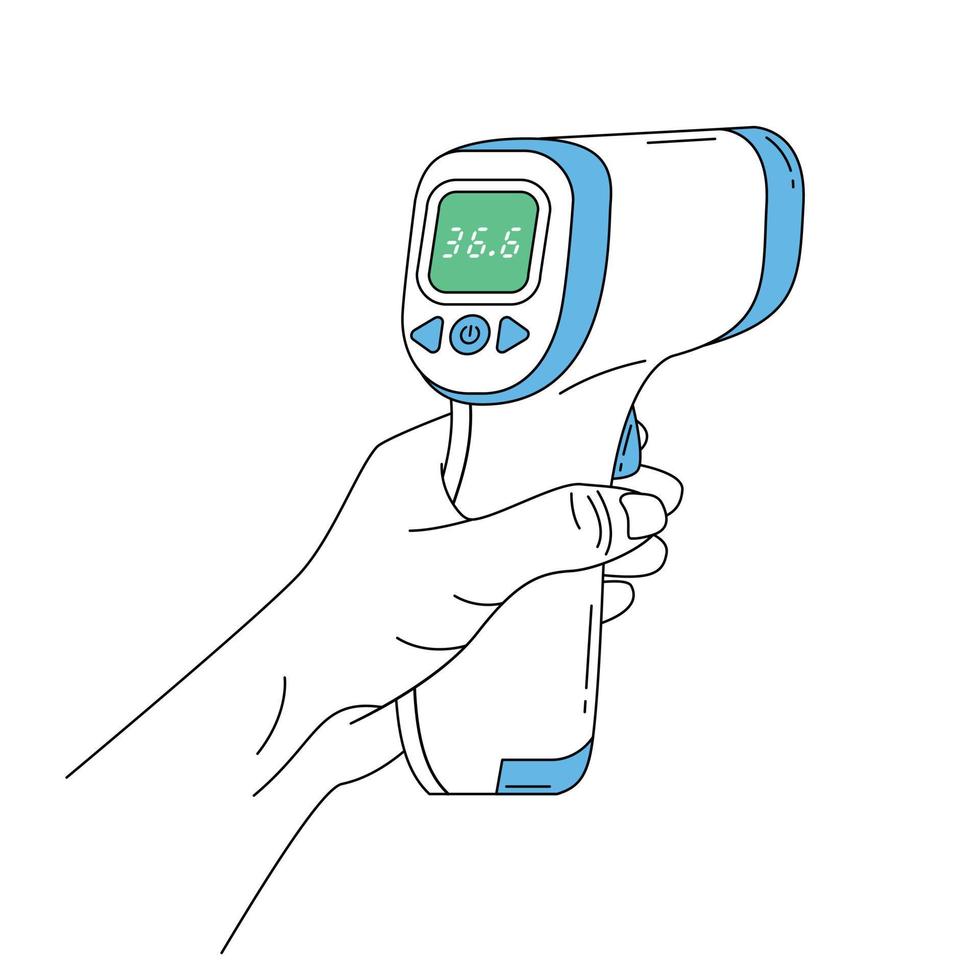 digitale non-contact infrarood thermometer in de hand. medische thermometer die de lichaamstemperatuur meet. vector