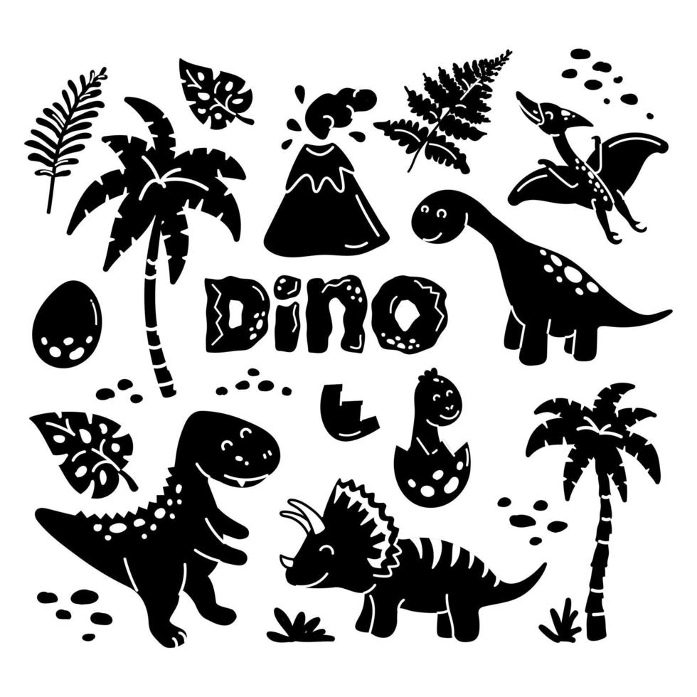 set van geïsoleerde zwarte silhouet dinosaurussen, vulkaan, ei en planten. vector