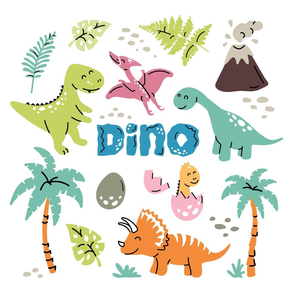 verzameling schattige babydinosaurussen. handgetekende brontosaurus, tyrannosaurus, pteranodon, pterodactylus, triceratops vector