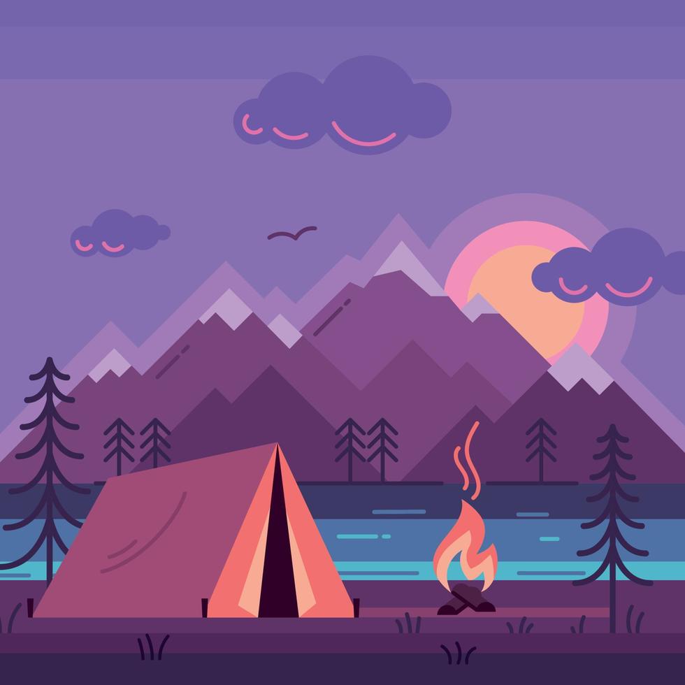 camping tent in bos aan de rivier kleur vectorillustratie. vector