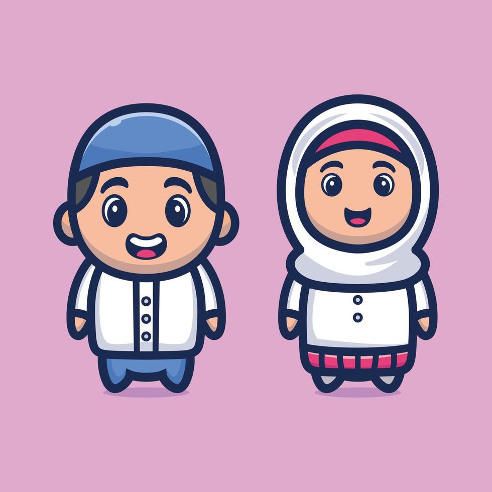 schattige moslim jongen en meisje vectorillustratie, ramadhan mascotte stripfiguur vector