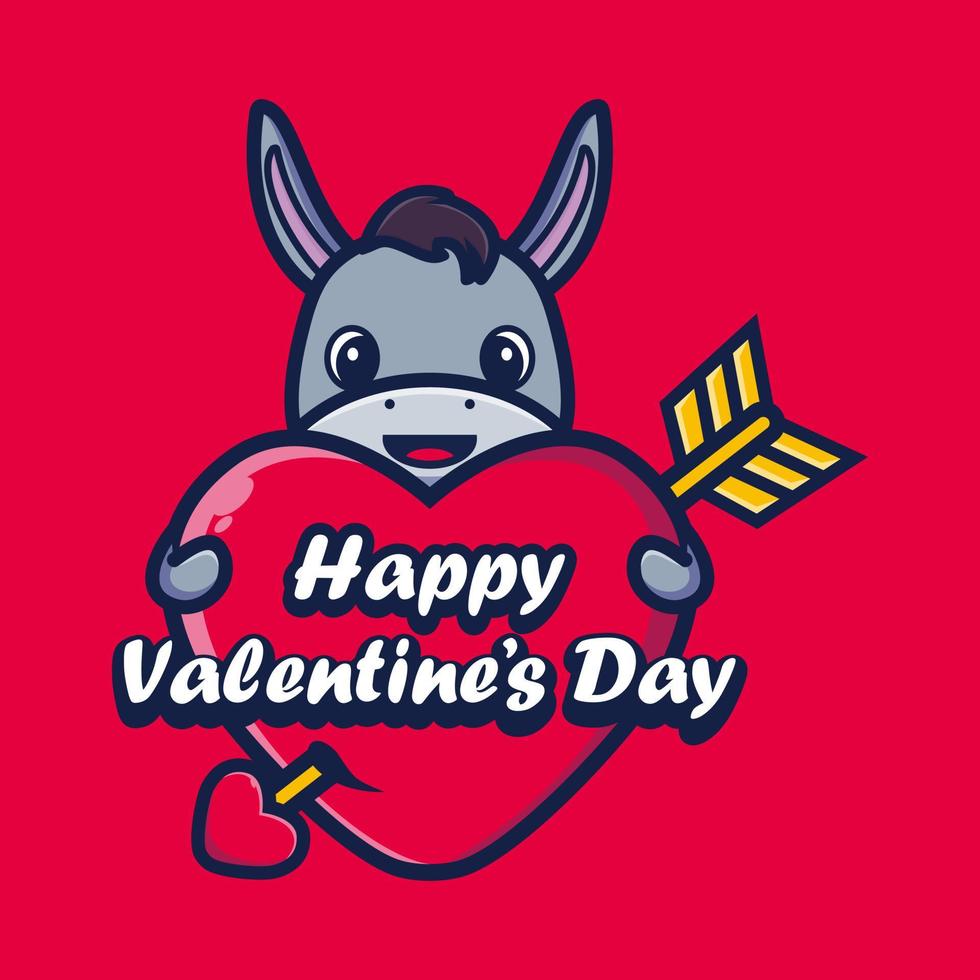 schattige ezel die een hart omhelst met gelukkige valentijnsdaggroeten vector
