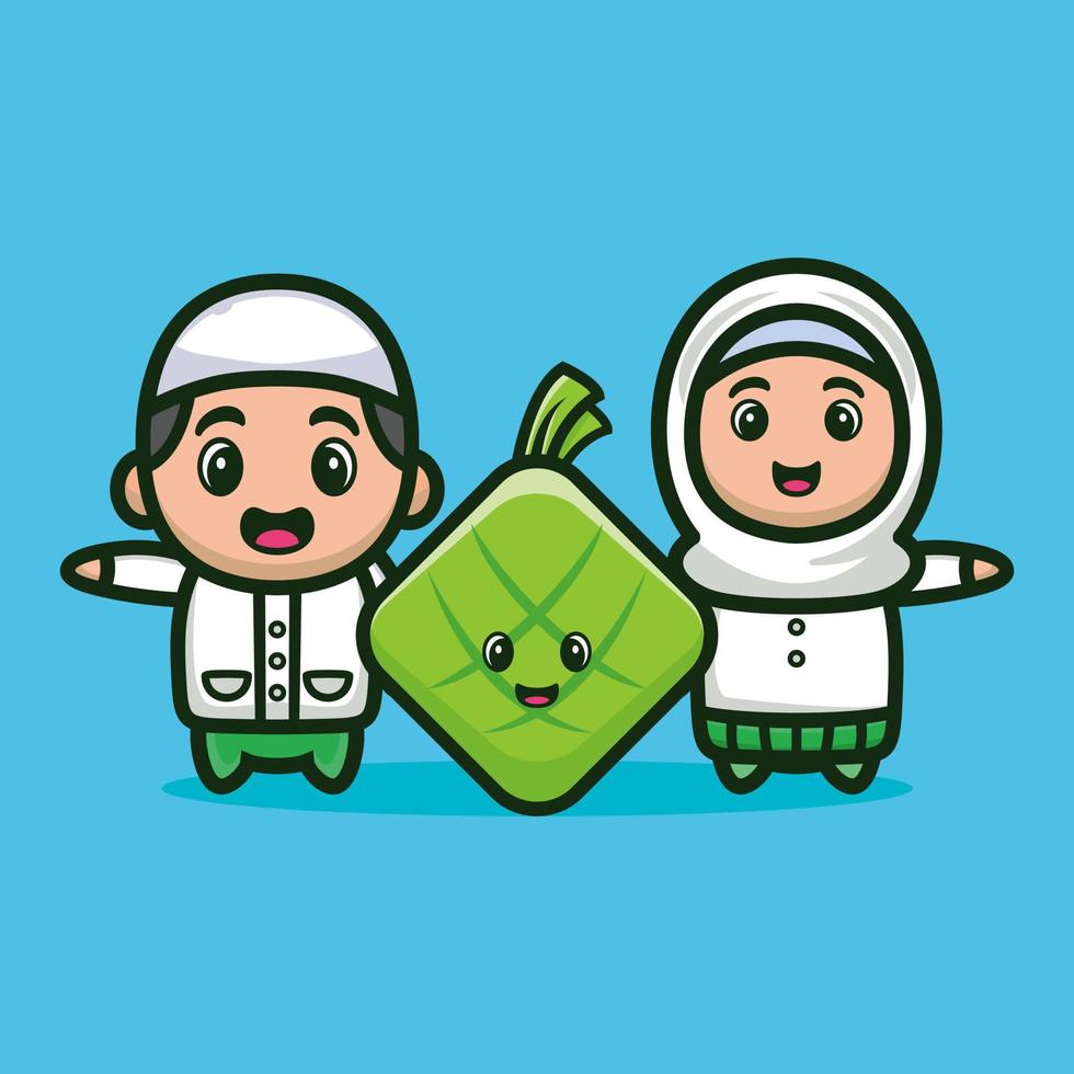 schattig moslim jongen en meisje paar met schattige ketupat cartoon vector pictogram illustratie