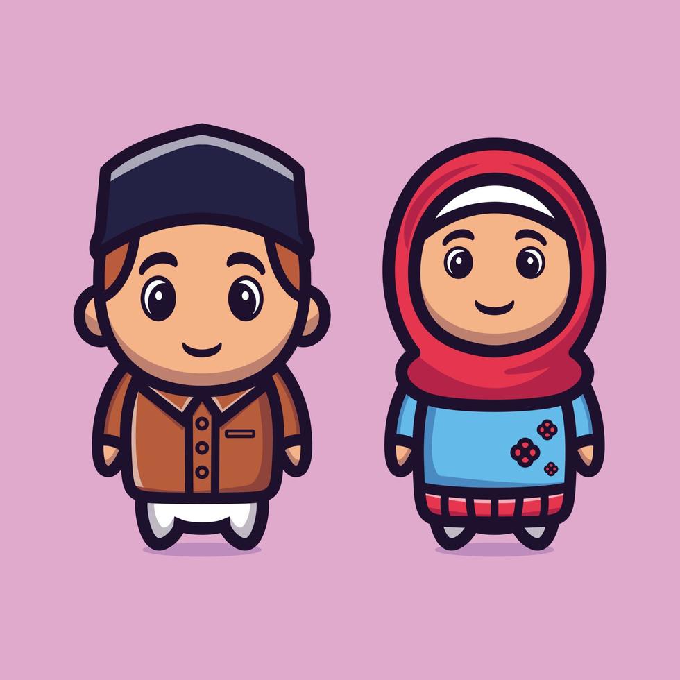 schattige moslim jongen en meisje vectorillustratie, ramadhan mascotte stripfiguur vector