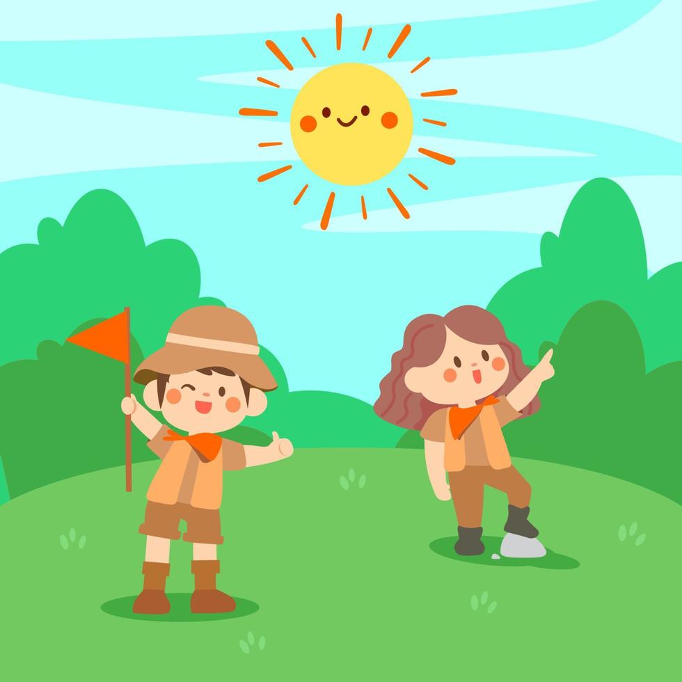 zomer kids camp.kids activiteiten, kinderen spelen in de speeltuin, meisjes en jongens in camping kostuum.summer camp met jongen en meisje op park.kindergarten buiten observeren van de natuur. vector