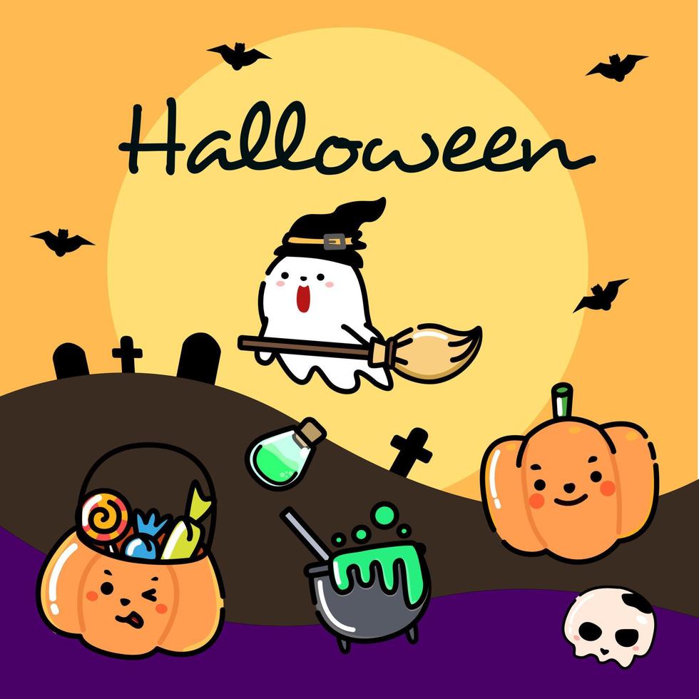 halloween-kaart met vierkante frame .cute cartoon platte ontwerp vakantie achtergrond. vectorillustratie. oranje, bruin en paars thema. vector