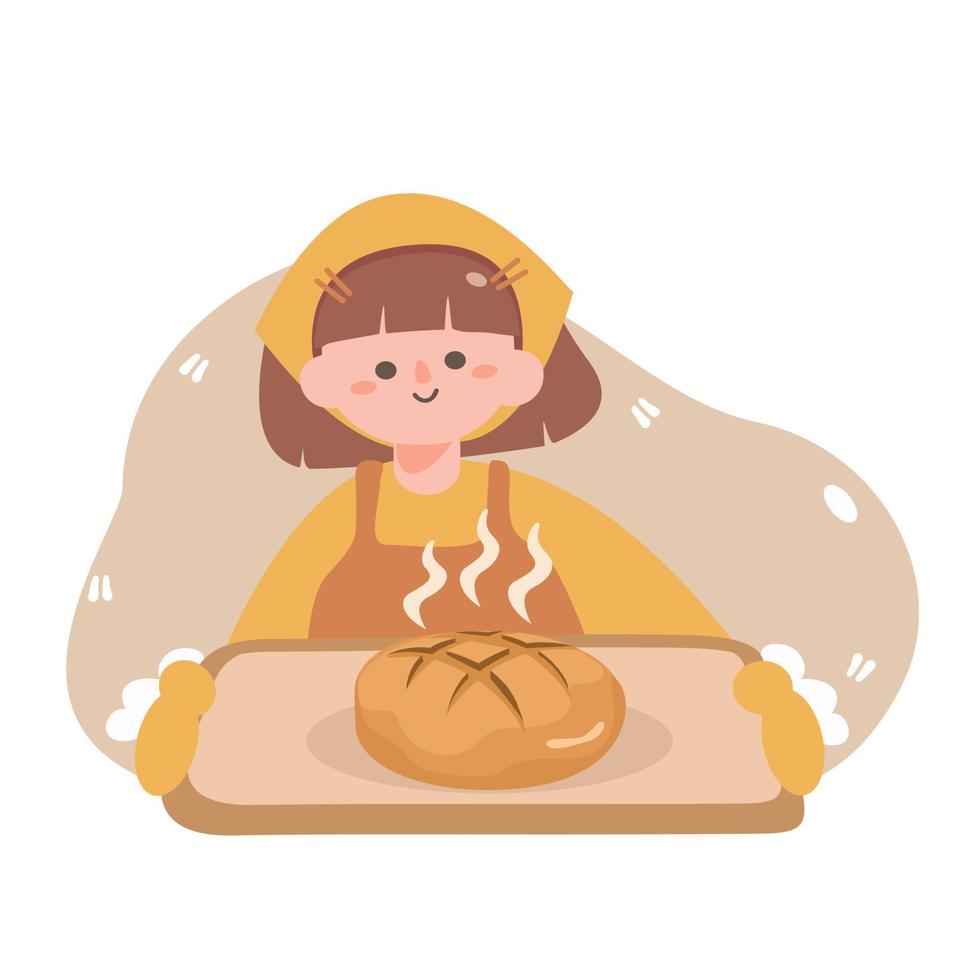 jonge vrouw die vers zuurdesembrood bakt. schattig meisje dat zelfgemaakte bakkerij serveert. heerlijk brood. blijf thuis activiteit. platte vectorillustratie over het koken van voedsel thuis. vector