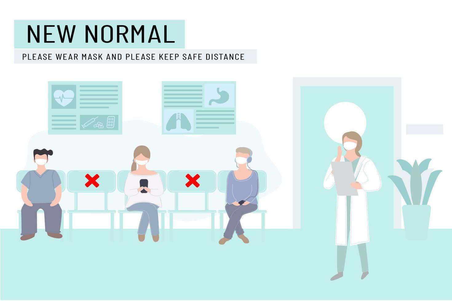 nieuwe normale levensstijl met sociale afstand. mensen die een masker dragen, houden afstand als ze in de rij zitten, wachtend op artsen. ziekenhuis- of kliniekreceptie wachtkamer. bescherming pandemie covid-19 corona vector