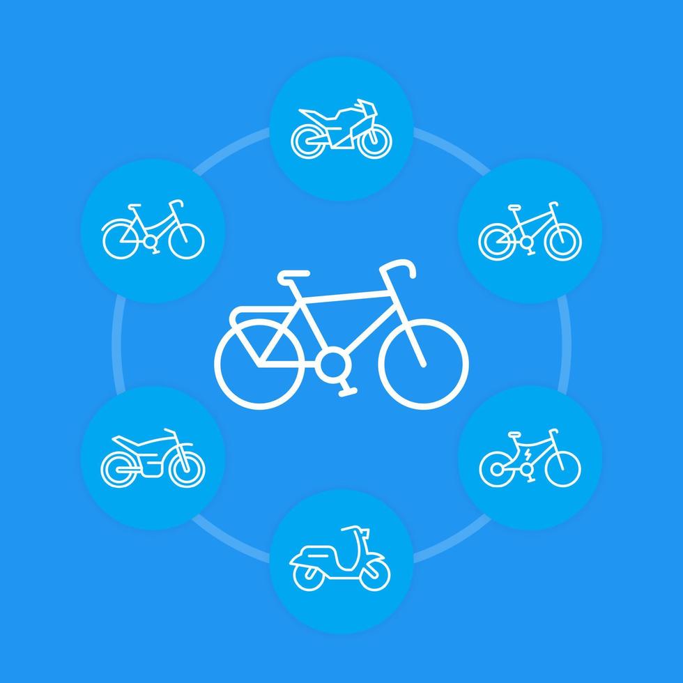 fietsen pictogrammen in lineaire stijl, fietsen, fietsen, motorfiets, motor, scooter vector