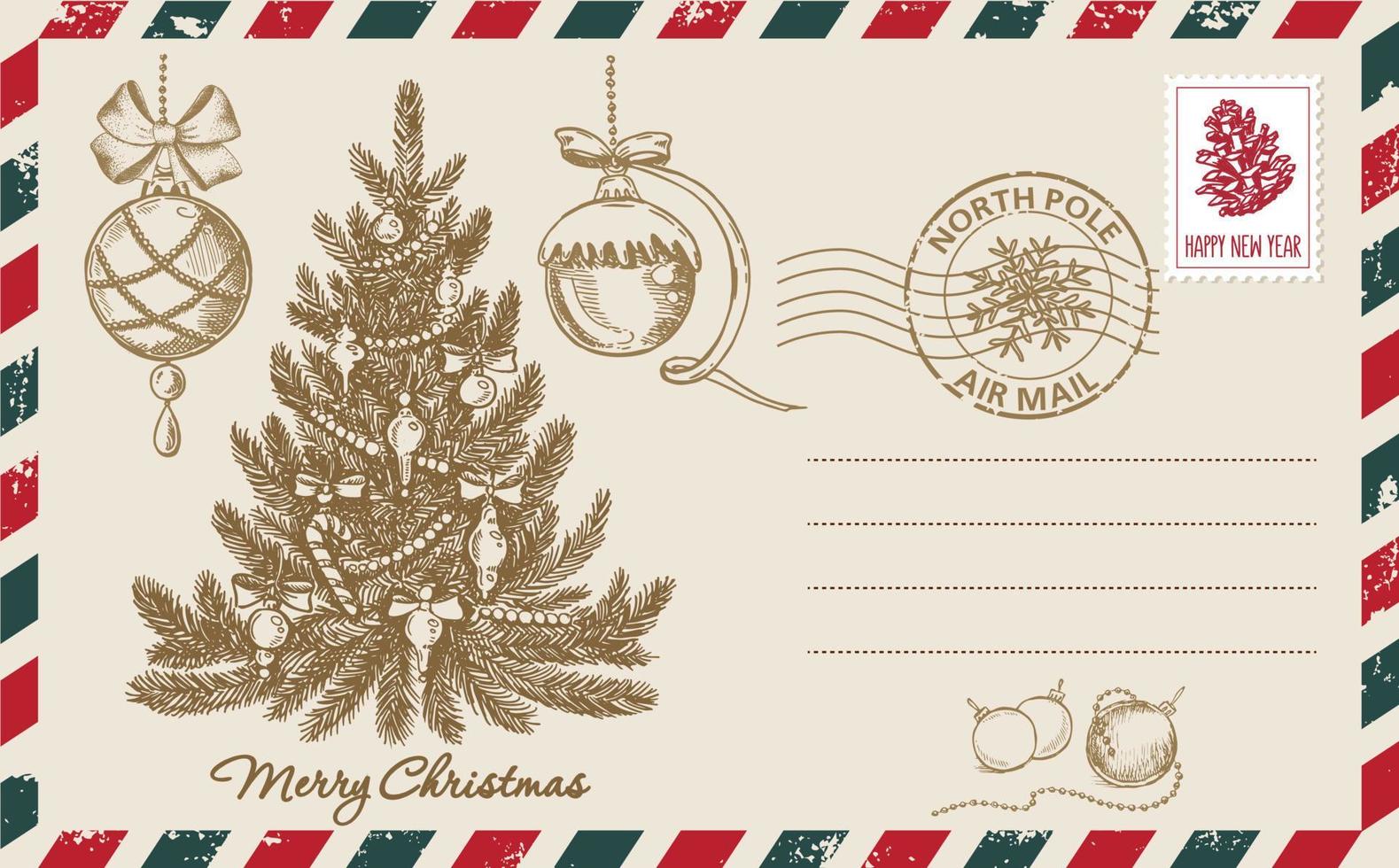 kerstpost, ansichtkaart, handgetekende illustratie. vector