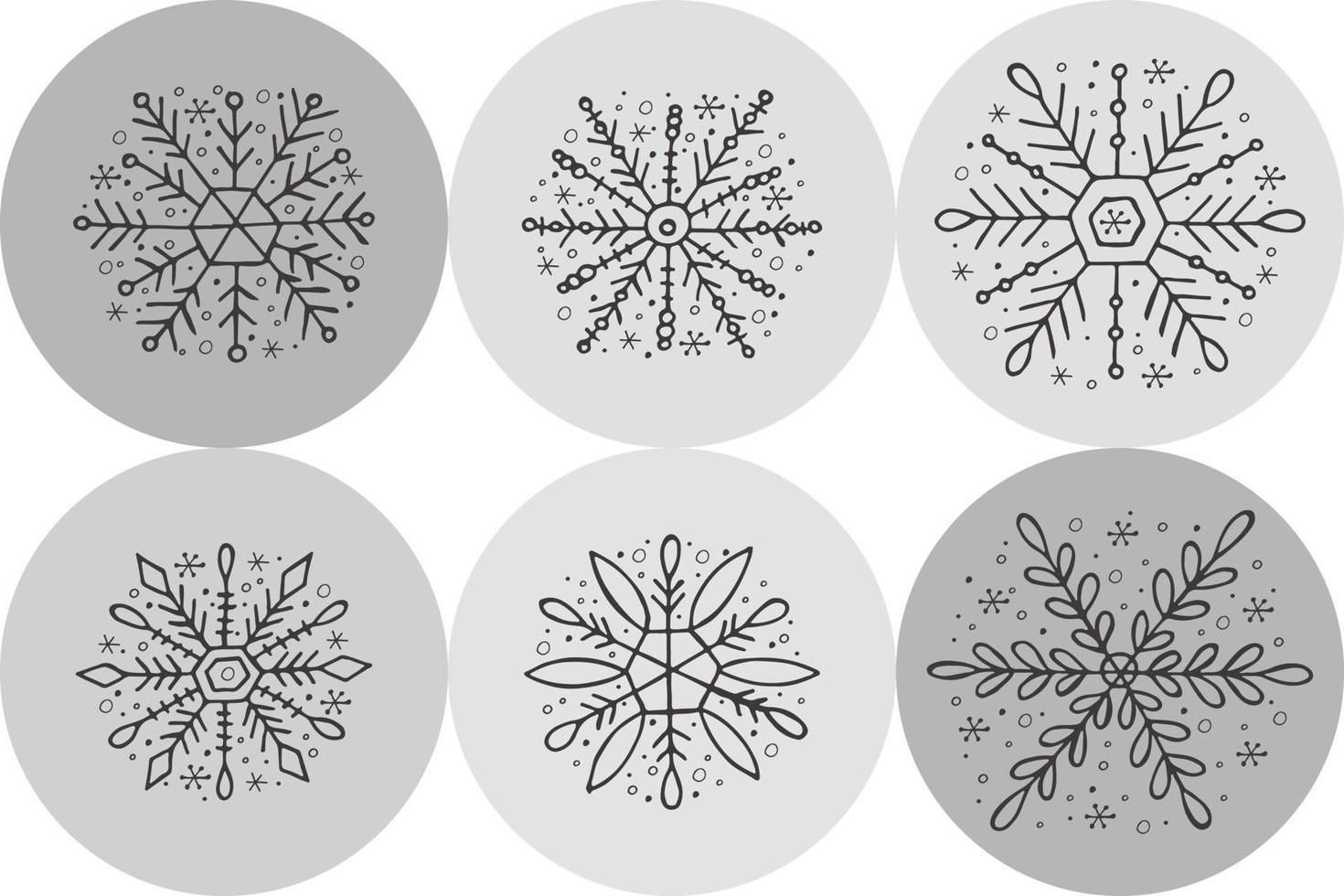 een set van handgetekende sneeuwvlokken. vectorillustratie in doodle stijl. winterse stemming. hallo 2023. prettige kerstdagen en gelukkig nieuwjaar. grijze elementen op een grijze achtergrond. vector