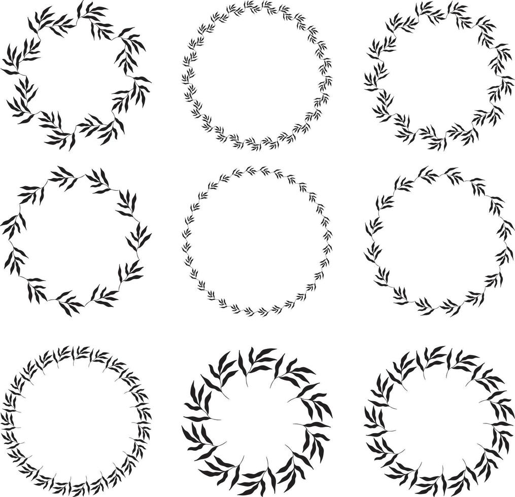 illustratie van een verzameling van diverse cirkelvormige zwarte frames gemaakt van planten op een witte geïsoleerde achtergrond vector