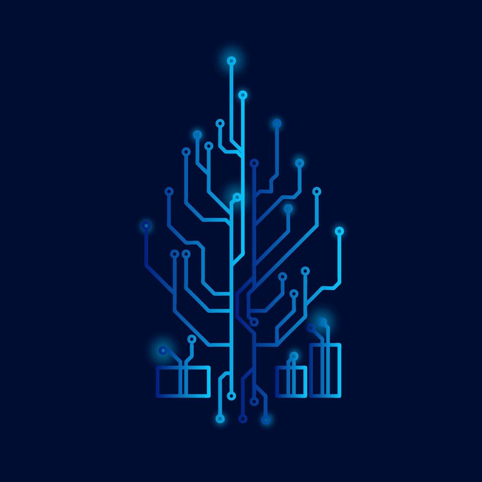 high-tech kerstboom technologie geometrische en verbinding systeem achtergrond met digitale data abstract. elektronische donkerblauwe achtergrondbehang. vectorillustratie. vector