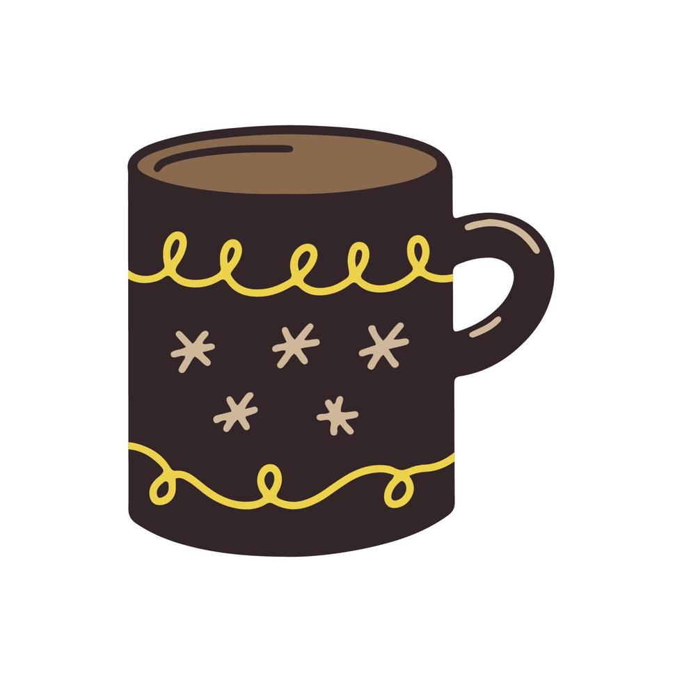 hand getrokken kopje thee voor theekransje geïsoleerd op een witte achtergrond. doodle mok koffie pictogram. cartoon beker met sneeuwvlokken en sterren ontwerp. keramisch servies voor design, verpakking, restaurants en café vector