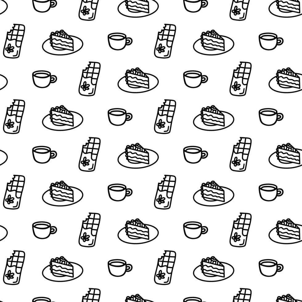 vector hand getekende naadloze patroon met verschillende keuken pictogrammen geïsoleerd op een witte achtergrond. doodle cup, mok, chocolade, cake wrap in lijn kunststijl voor een café decor. kleurplaat voor volwassenen en kinderen
