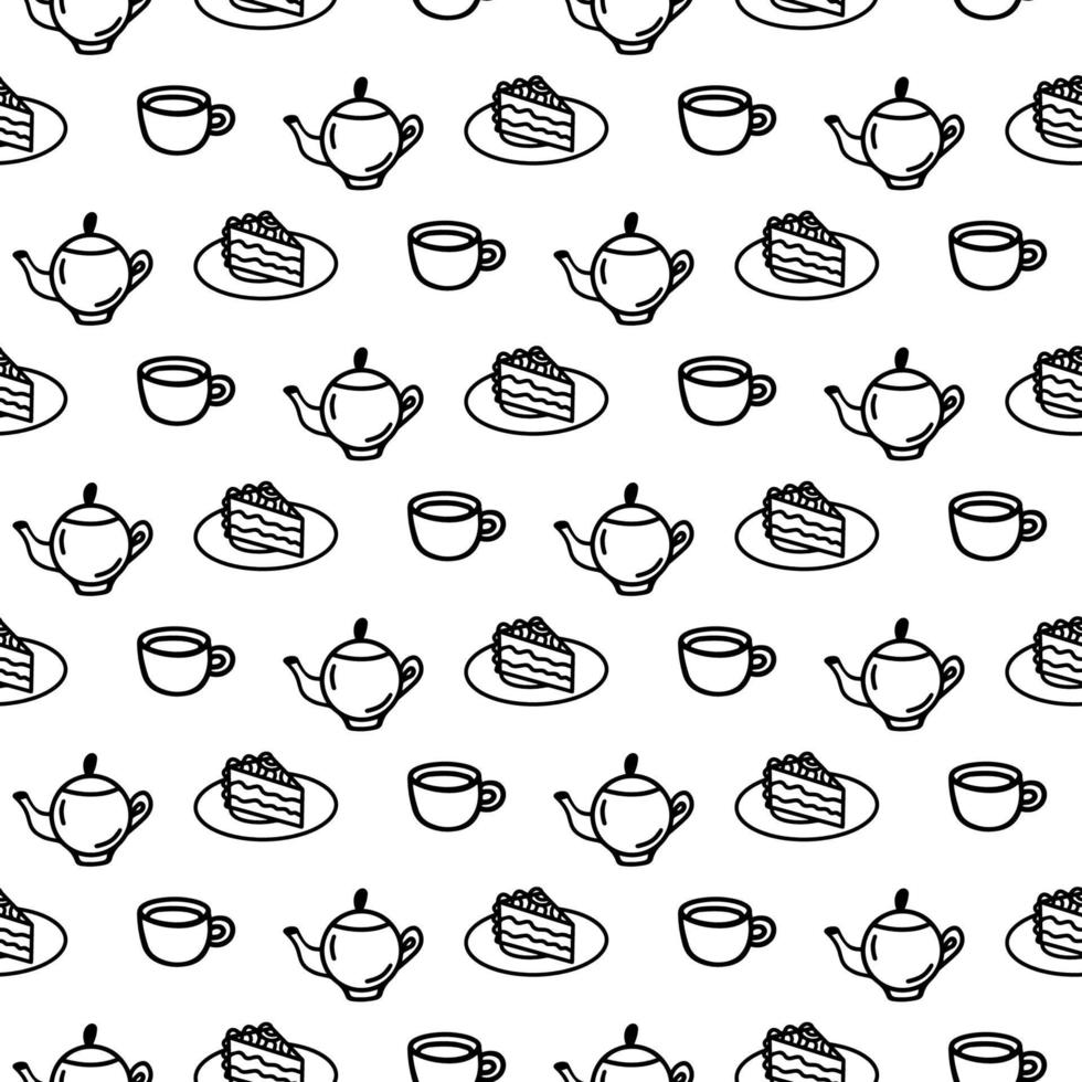 vector hand getekende naadloze patroon met verschillende keuken pictogrammen op witte achtergrond. doodle cup, mok, theepot, koffiepot, cake wrap in lijn kunststijl voor een café decor. kleurplaat voor volwassenen en kinderen