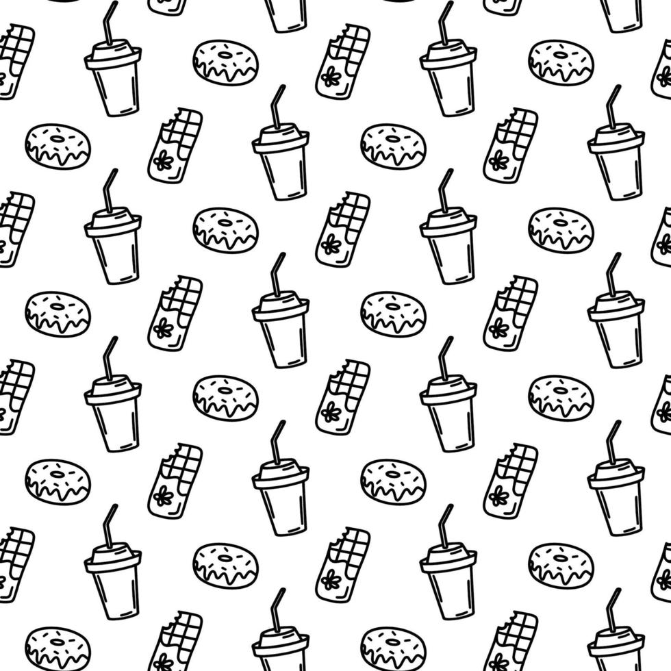 vector hand getekende naadloze patroon met chocoladereep, donut, drankje met stro pictogrammen op witte achtergrond. doodle chocolade, drankje, donut wrap in lijn kunststijl. kleurplaat voor volwassenen en kinderen