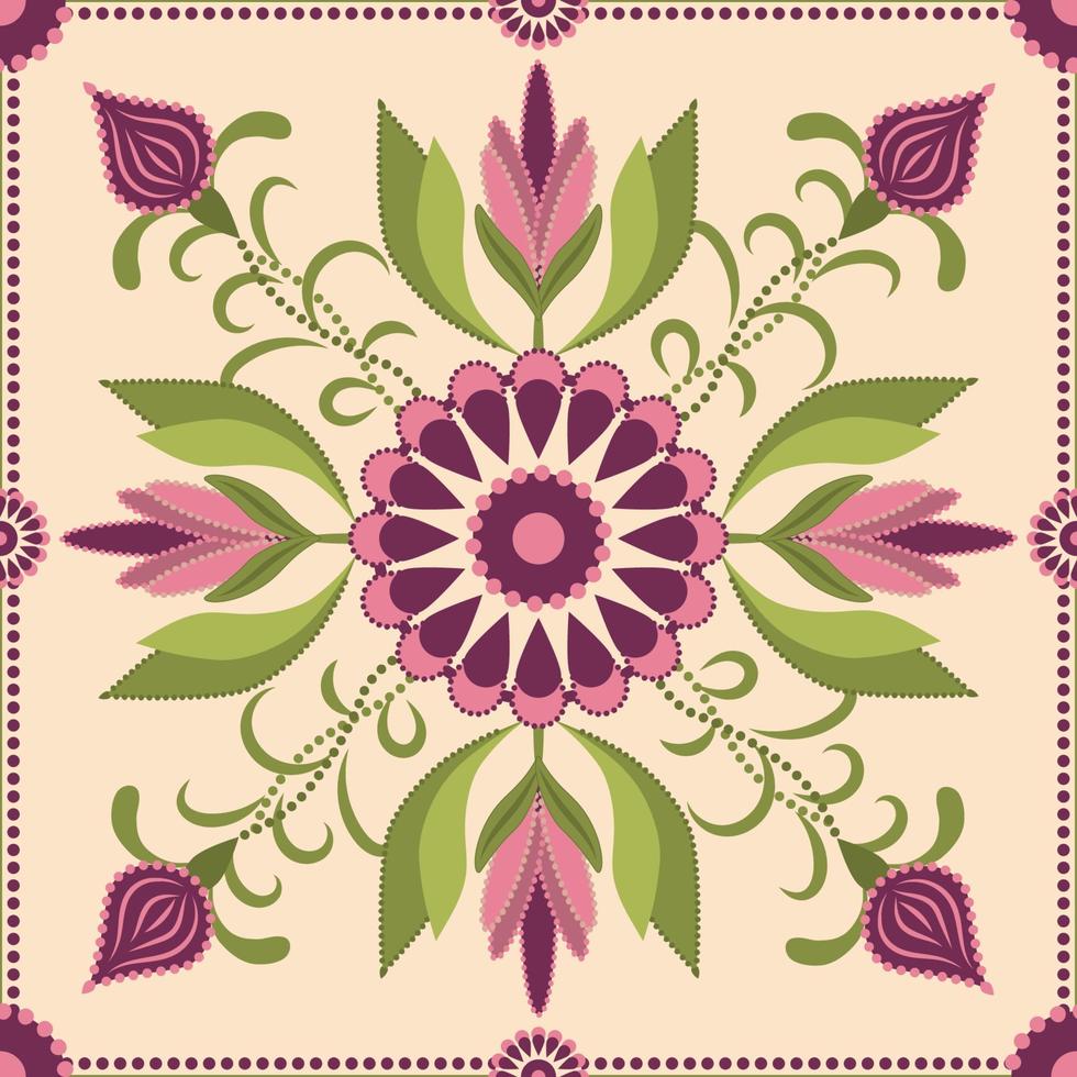 vierkante tegel arabesk patroon met roze bloem en toppen met groene bladeren op beige achtergrond. vector