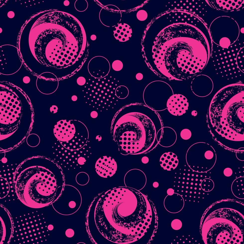 abstracte naadloze patroon met ronde grunge verf penseelstreek. roze cirkels op donkerblauwe achtergrond. moderne grunge textuur met halftoon. perfect voor sportkleding, sportartikelen vector