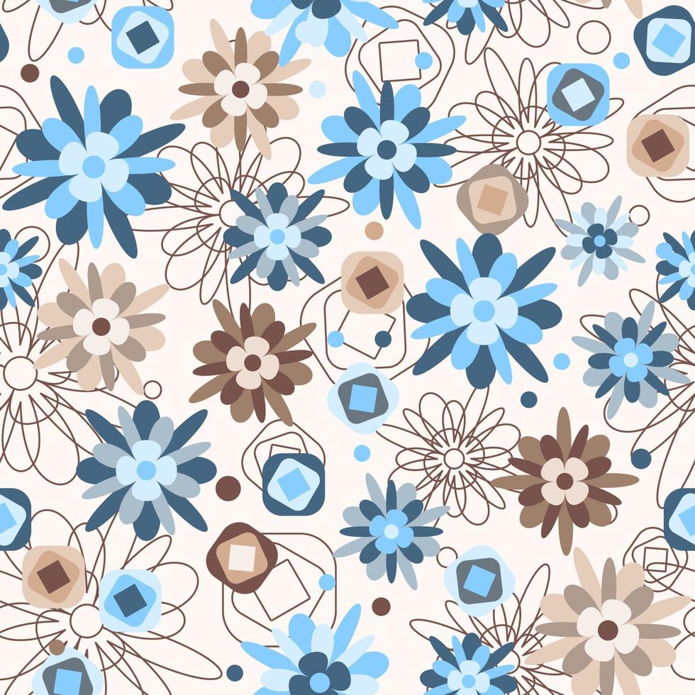naadloos patroon met eenvoudige blauwe, bruine bloemen op een beige achtergrond. vector