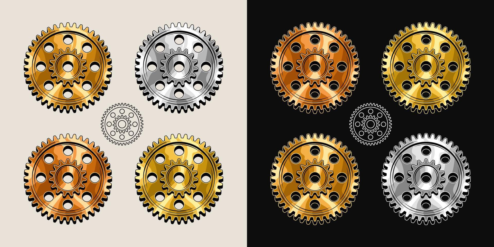 goud, messing, koper, staal gepolijste tandwielen in vintage stijl. basisvorm van tandwielen met bewerkbare lijnen. goed voor decoratie in steampunk-stijl. vector. vector