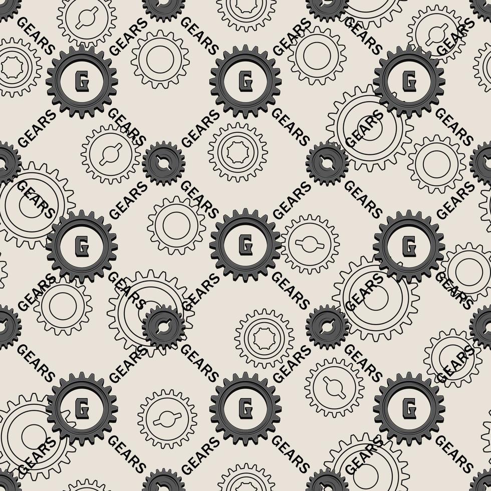 naadloos verspringend geometrisch patroon met diagonaal raster met grijze versnellingen en tekst. lineaire versnellingen achter op een witte achtergrond. steampunk-stijl. vector