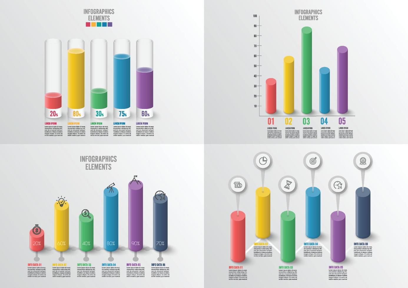 grafieken en grafieken instellen. statistiek en gegevens, iinfographic bedrijfsconcept met 4, 5 opties voor inhoud, diagram, stroomdiagram, stappen, onderdelen, tijdlijninfographics, workflow, grafiek. vectorillustratie. vector