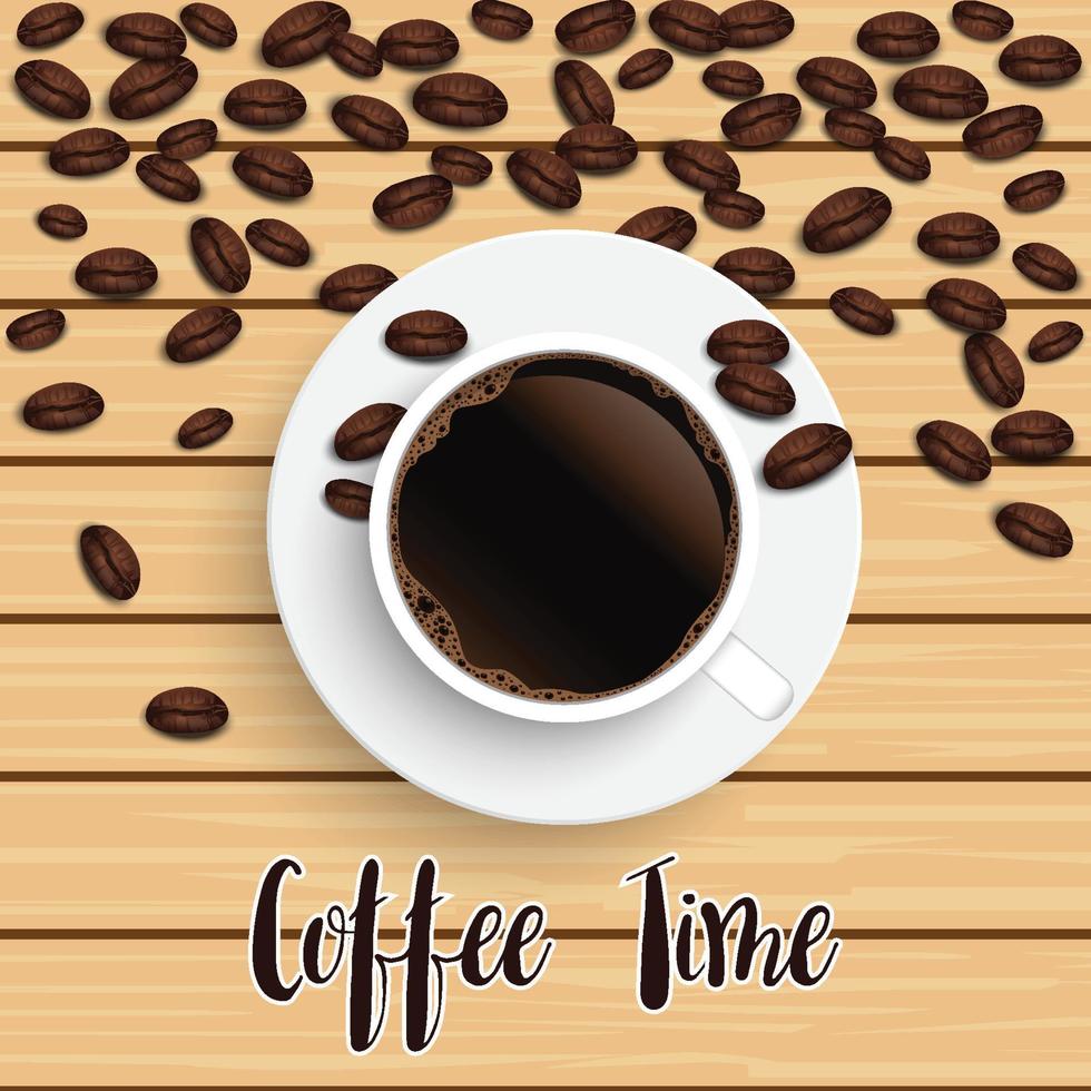 realistische bovenaanzicht zwarte koffiekopje met bonen op houten achtergrond. illustratorvector. vector