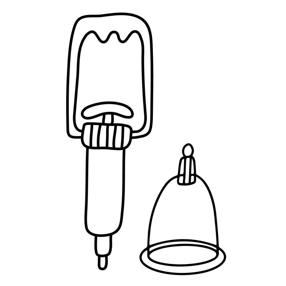 hulpmiddelen voor vacuüm cupping behandeling. alternatief medicijn. doodle schets hand getrokken vectorillustratie van een medische beker en zuigpomp op witte achtergrond. geïsoleerde schets. vector