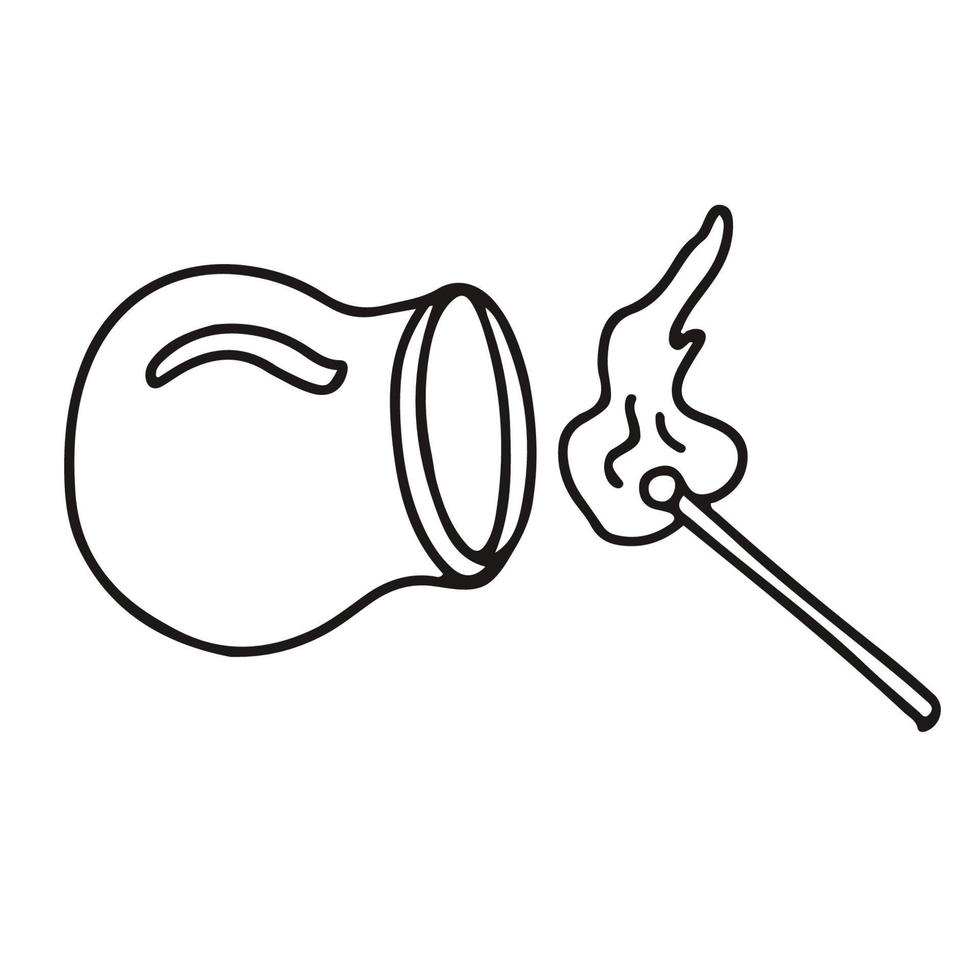 alternatieve geneeswijzen cupping behandeling. doodle schets hand getrokken vectorillustratie van een medische beker of pot en vuur op witte achtergrond. geïsoleerde schets vector