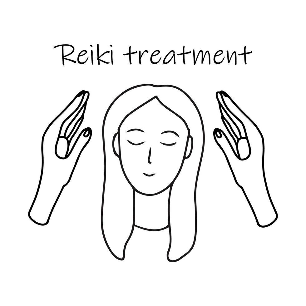 reiki behandeling alternatieve geneeskunde. doodle schets hand getrokken vectorillustratie van vrouw en helende handpalmen op witte achtergrond. geïsoleerde schets. vector