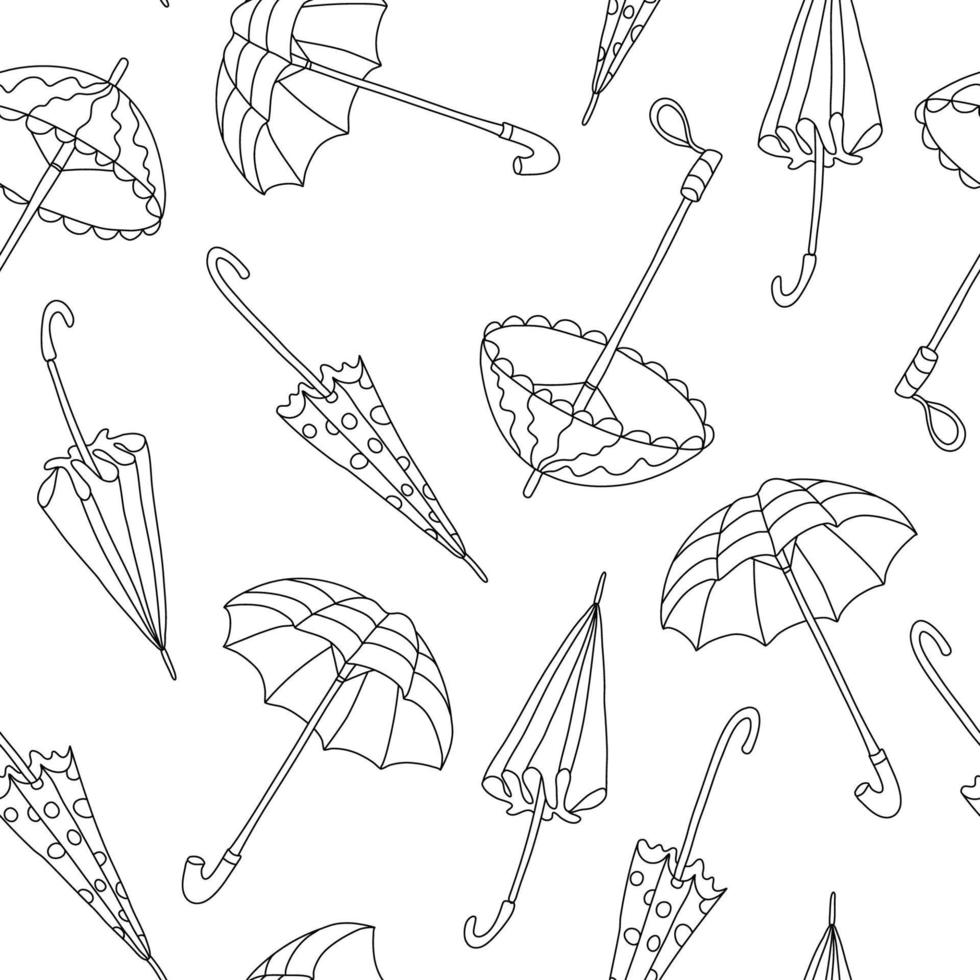naadloos patroon met open en gesloten paraplu's op witte achtergrond. geweldig voor stoffen, inpakpapier, behang, covers. doodle stijl illustratie in zwarte inkt. vector