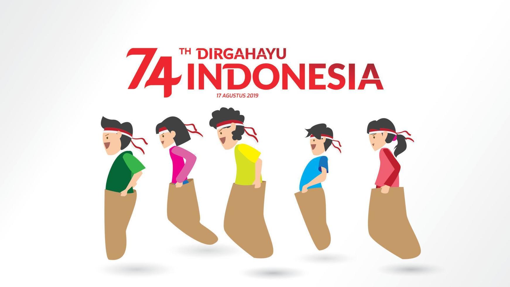 traditionele spelen van indonesië tijdens de onafhankelijkheidsdag, kinderen racen in de zak om met elkaar te wedijveren. viering van de vrijheid. - vector