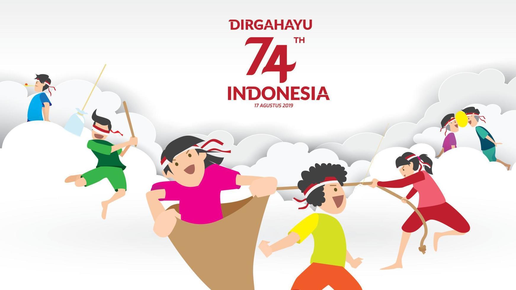 Indonesische traditionele spelen tijdens de onafhankelijkheidsdag, beklommen de areca-noot of vettige paal, cracker eten, ei- en lepelrace, touwtrekken, vrolijk racen in de zak. viering van de vrijheid. - vector